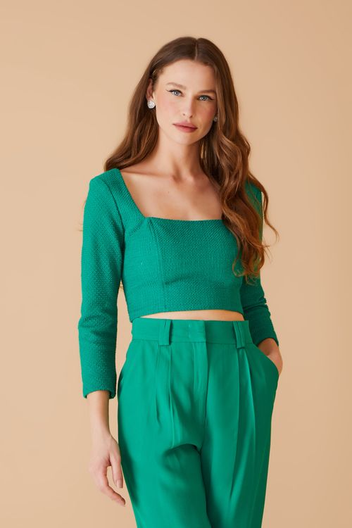 Blusa Tweed Decote Quadrado - Verde Esmeralda