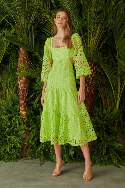 Vestido Midi Renda Guipir - Verde Forte