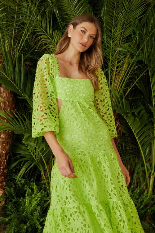 Vestido Midi Renda Guipir - Verde Forte