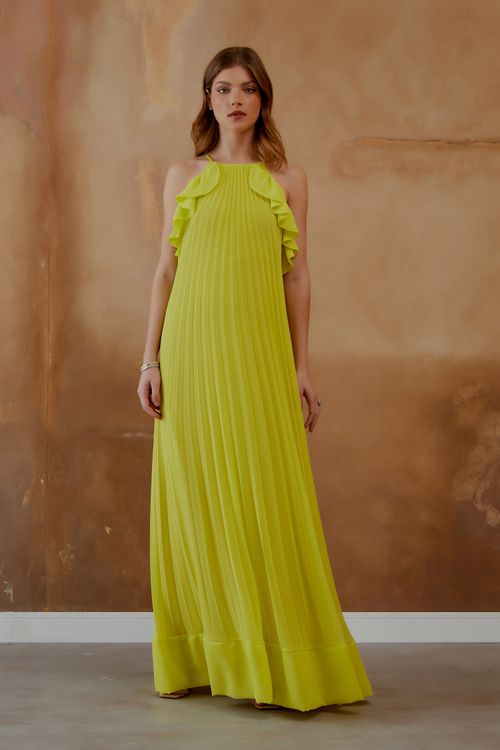 Vestido Longo Cava Americana Babado - Amarelo Aurora