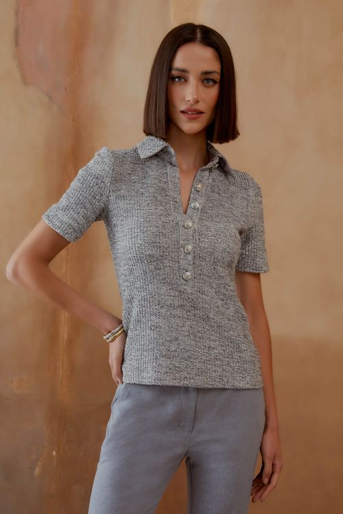 Blusa Polo Detalhe Lurex - Cinza Mineral