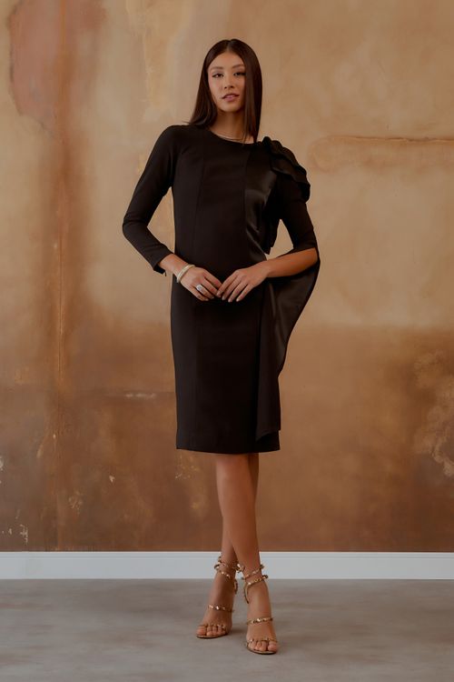 Vestido Midi Laço Ombro - Preto