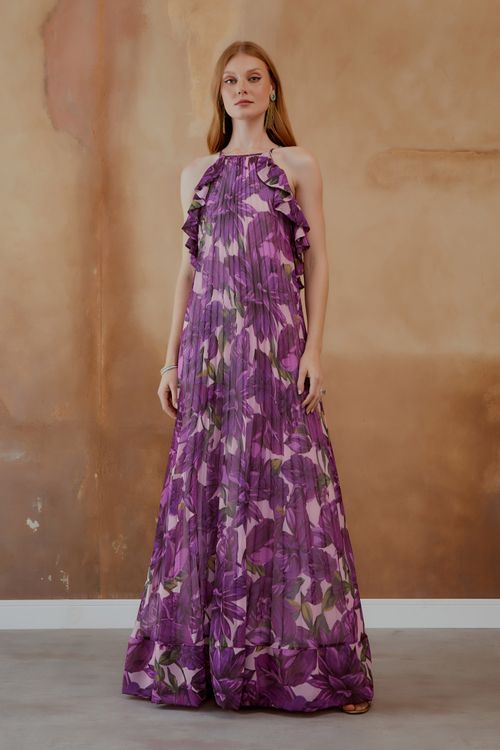 Vestido Longo Cava Americana Babado - Estampa Dália