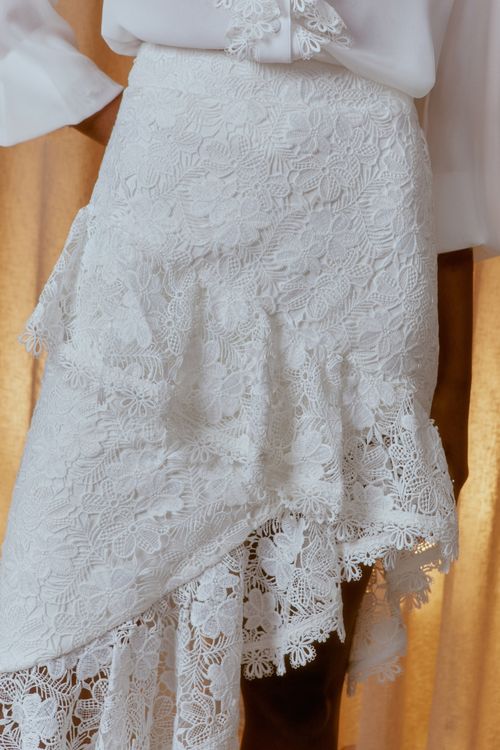 Saia Midi Renda Babados - Off White