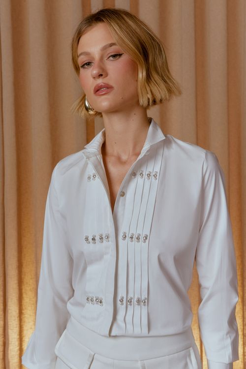 Camisa Bordado Pregas - Off White