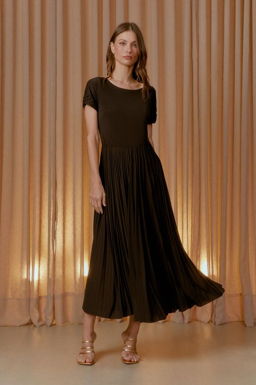 Vestido Midi Plissado Malha - Preto