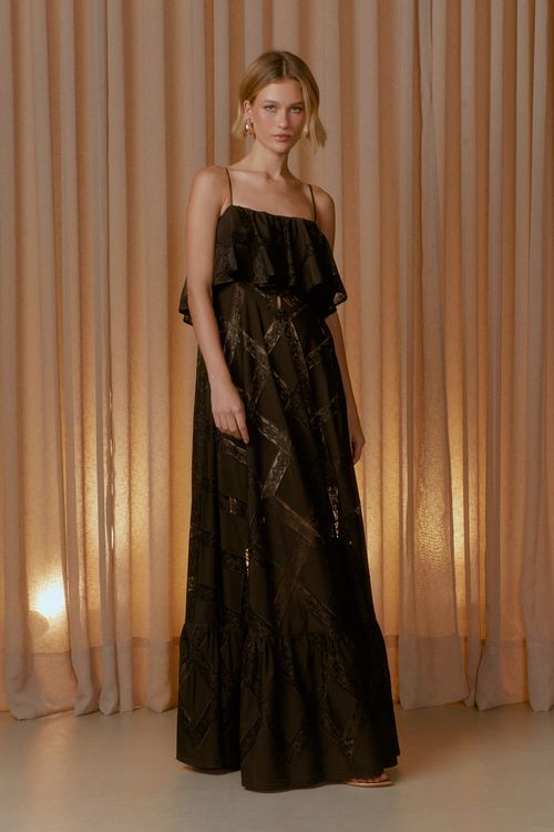 Vestido Longo Renda Eva Babado - Preto