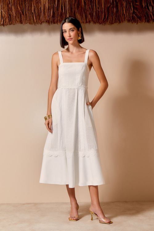 Vestido Midi Mix Tecido - Off White