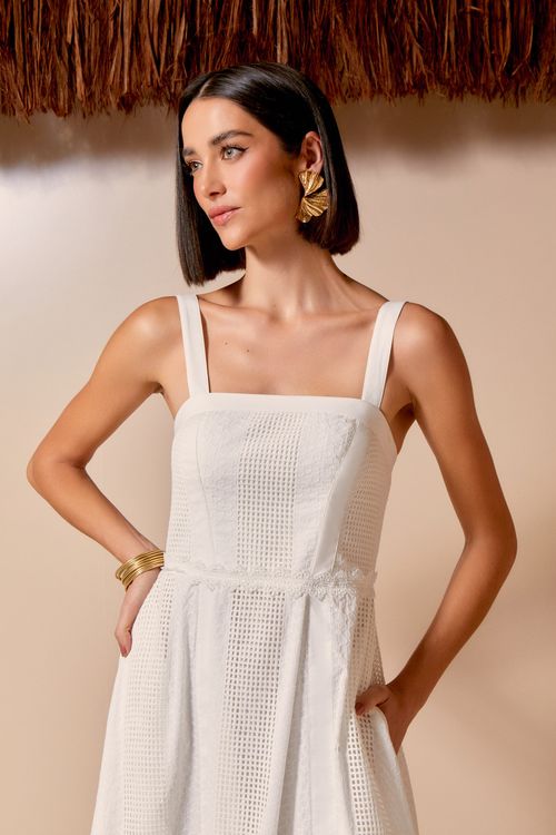 Vestido Midi Mix Tecido - Off White