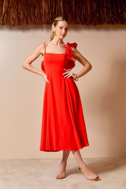 Vestido Midi Alça Flores - Vermelho Aretha