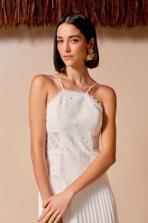 Vestido Longo Guipure Recortes - Off White