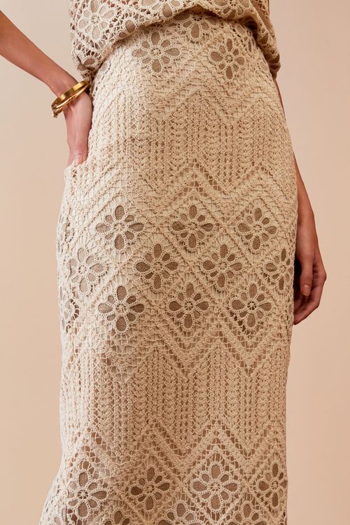 Saia Midi Crochet Flores - Natural