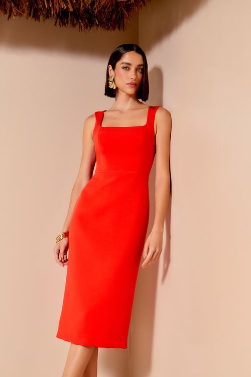 Vestido Midi Recortes Pesponto - Vermelho Aretha