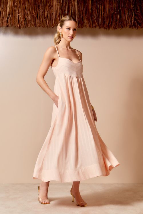 Vestido Midi Listras Saia Ampla - Bege Grace