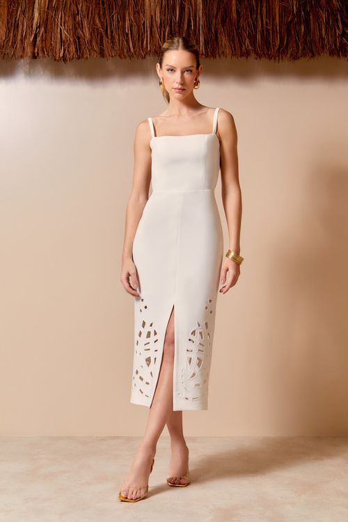 Vestido Midi Richelieu Decote Costas - Off White