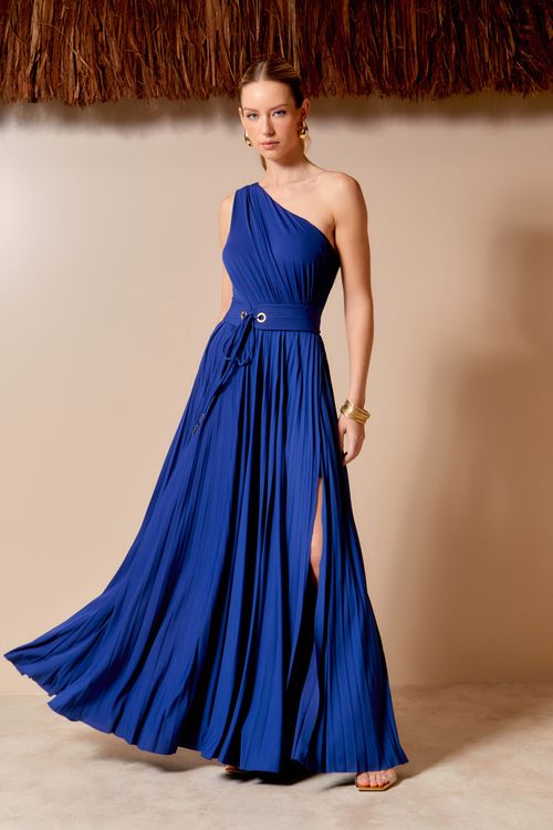 Vestido Longo Plissado Cinto - Azul Diana