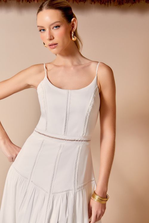 Vestido Midi Entremeios Recortes - Off White