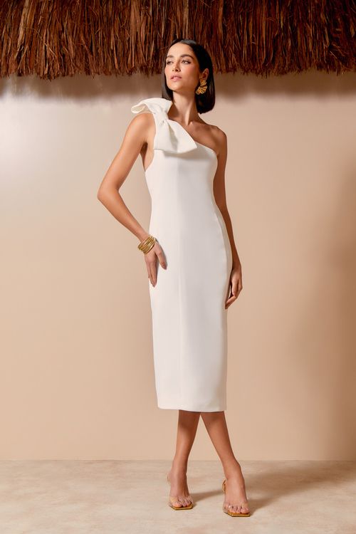 Vestido Midi Laço Ombro - Off White