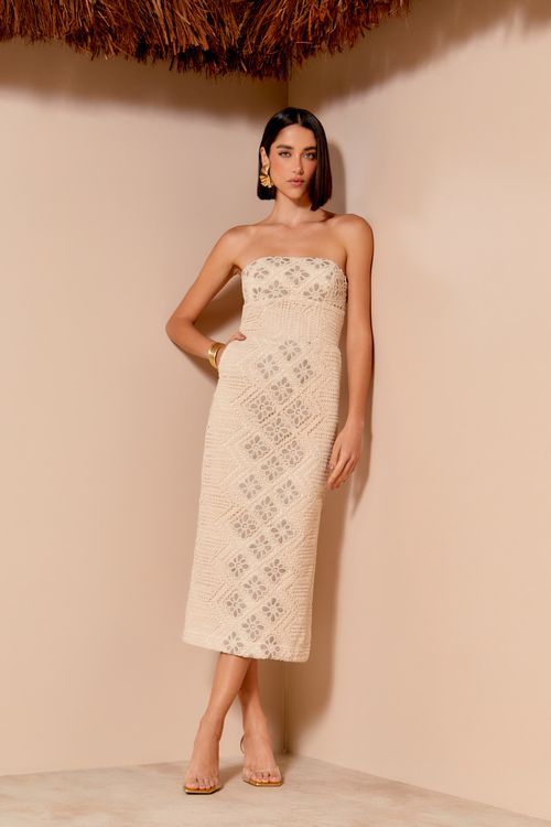 Vestido Midi Crochet Flores - Natural