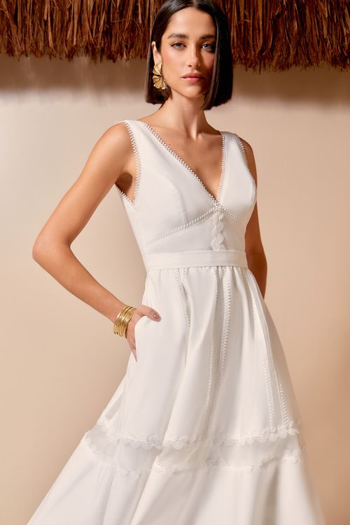 Vestido Midi Detalhes Organza - Off White