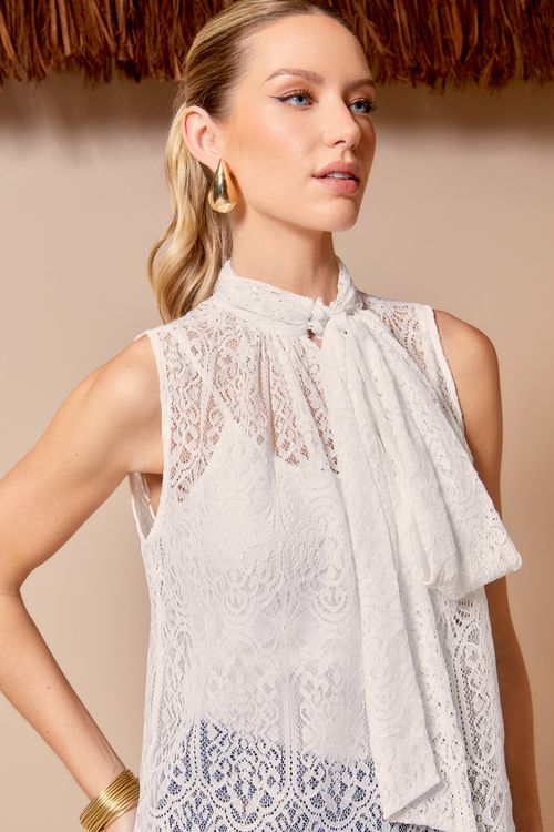 Blusa Renda Laço Gola - Off White
