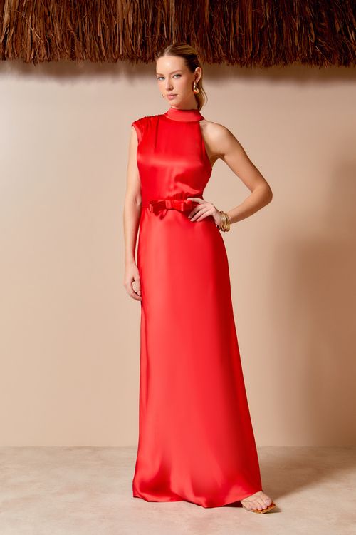 Vestido Longo Drape Ombro - Vermelho Aretha