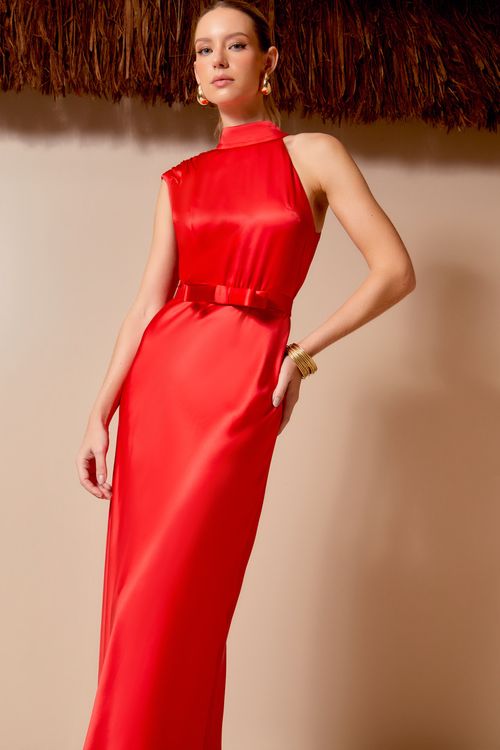 Vestido Longo Drape Ombro - Vermelho Aretha