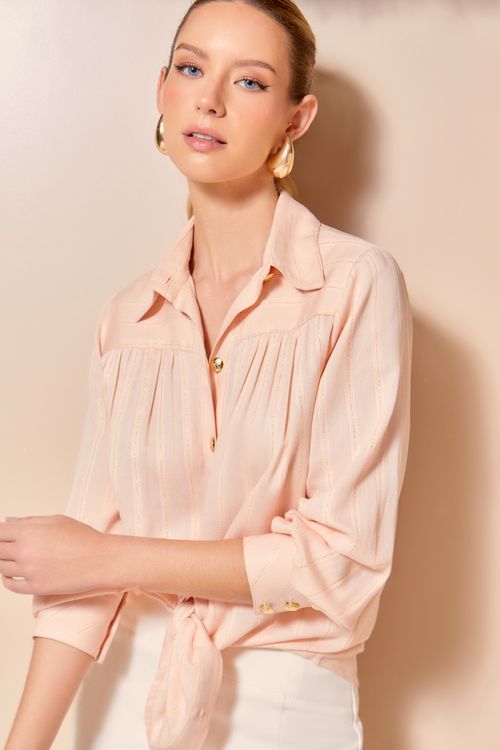 Camisa Listras Detalhe Franzido - Bege Grace