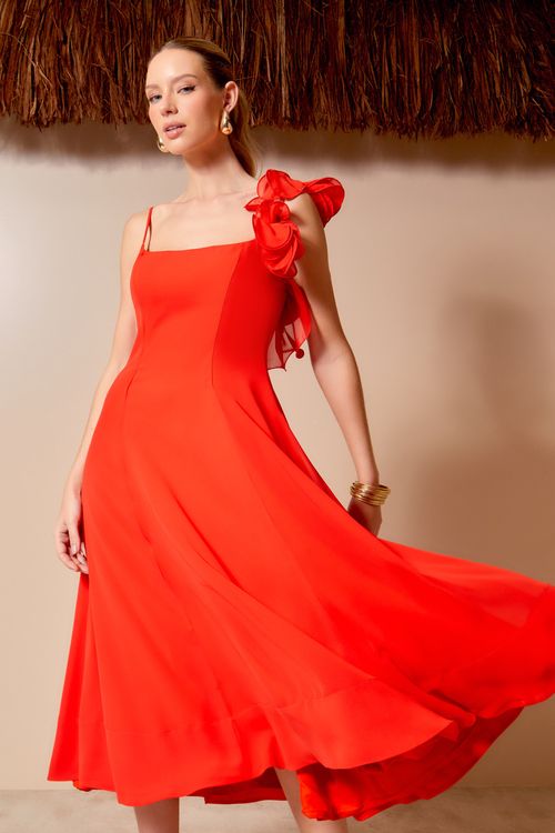 Vestido Midi Alça Flores - Vermelho Aretha