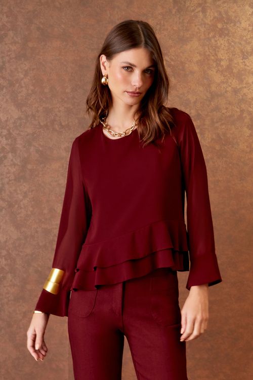 Blusa Transparência Babado Duplo - Bordeaux