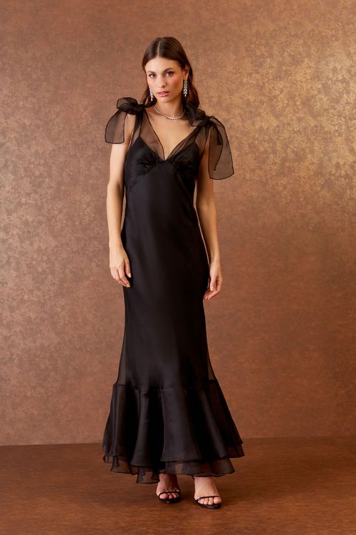 Vestido Midi Alça Laço - Preto