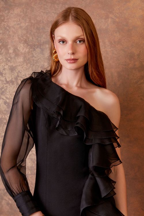 Vestido Midi Ombro So Babados Seda - Preto