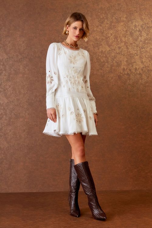 Vestido Curto Richelieu Manga Bufante - Off White
