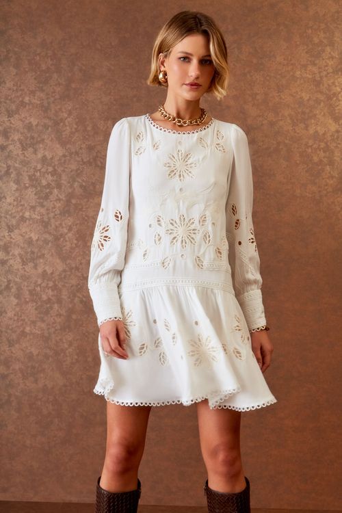 Vestido Curto Richelieu Manga Bufante - Off White