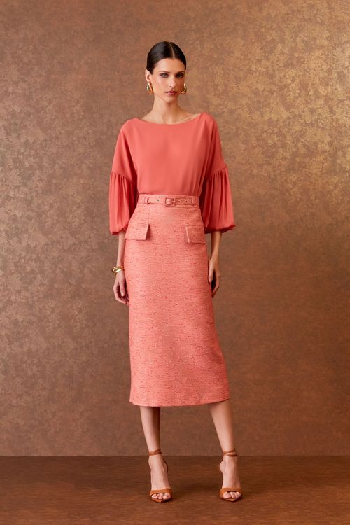 Saia Midi Sucre Cinto Forrado - Blush