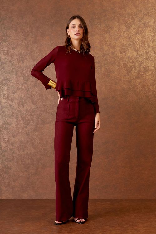 Calça Reta Bolsos Frente - Bordeaux