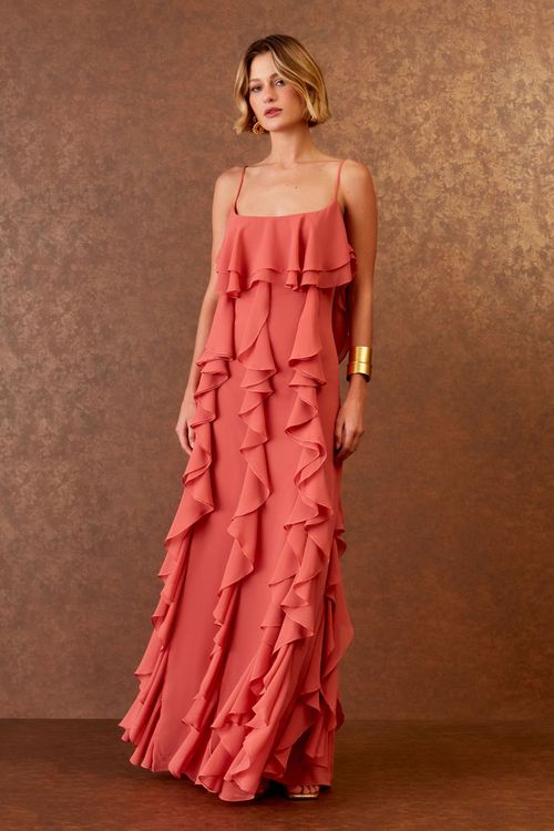 Vestido Longo Babados Volant - Blush