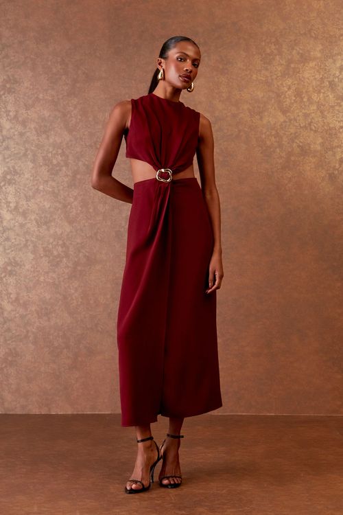 Vestido Midi Detalhe Frontal - Bordeaux