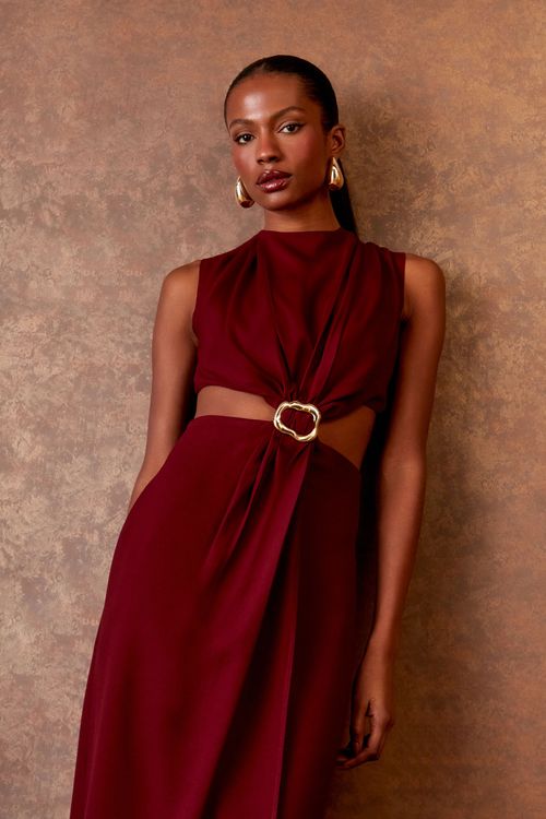 Vestido Midi Detalhe Frontal - Bordeaux