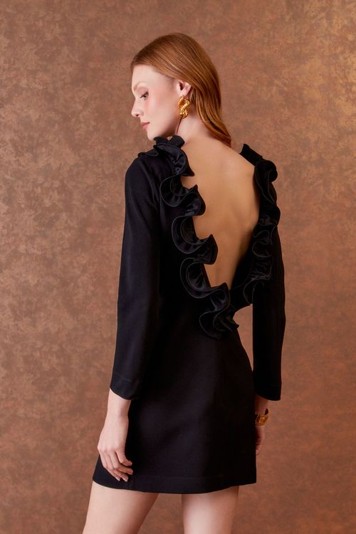 Vestido Curto Babado Decote - Preto