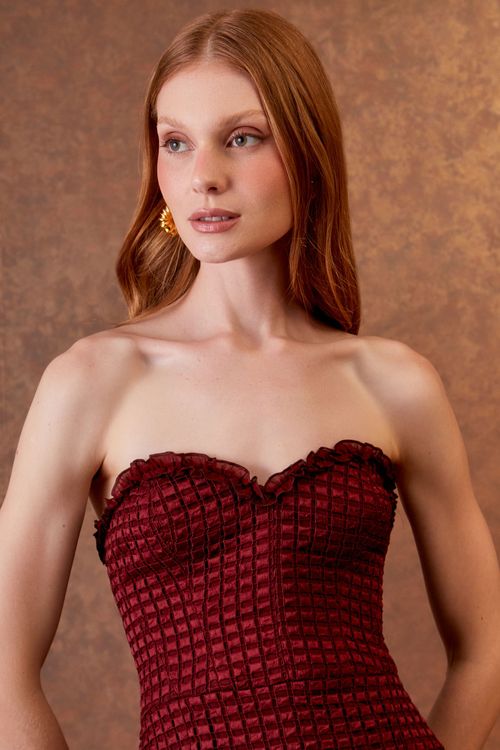 Vestido Midi Guipure Babado Decote - Bordeaux