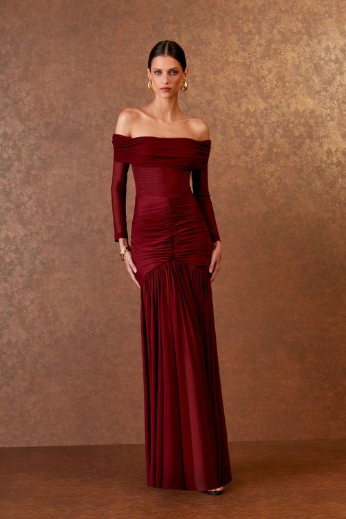 Vestido Longo Tule Pala Drapeada - Bordeaux