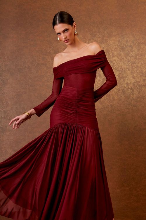 Vestido Longo Tule Pala Drapeada - Bordeaux