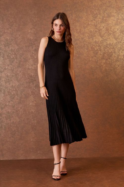 Vestido Midi Tricot Nervuras - Preto