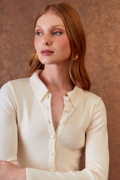Blusa Polo Tricot Botões - Off White