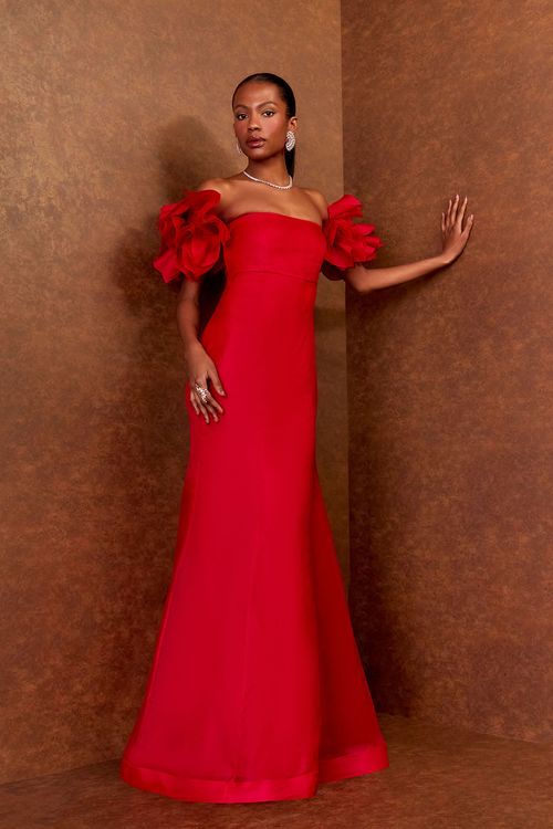 Vestido Longo Manga Pétalas - Rouge
