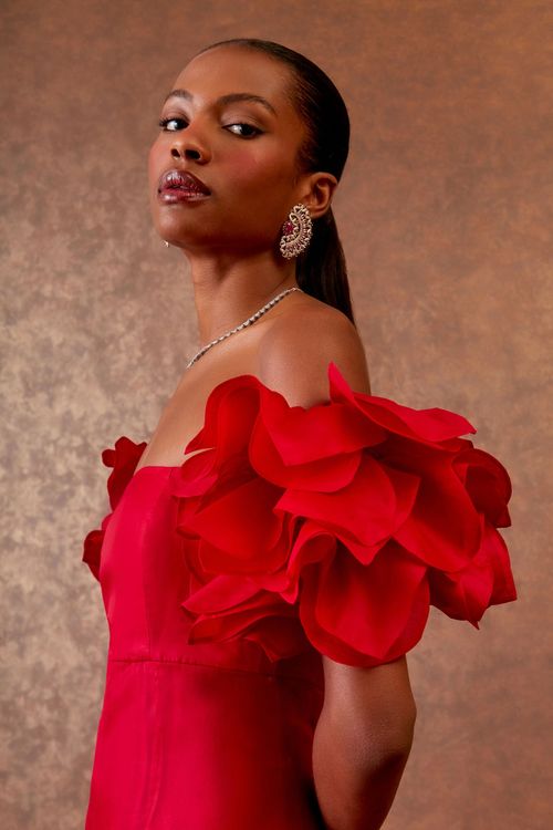 Vestido Longo Manga Pétalas - Rouge