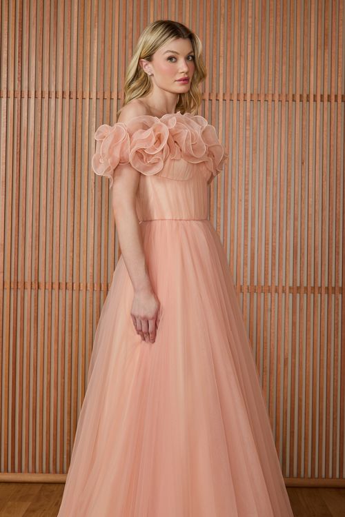 Vestido Longo Thássia Flores - Peach