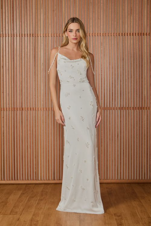 Vestido Longo Alice Bordado Pérola - Off White