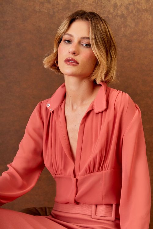 Camisa Transparência Franzido - Blush